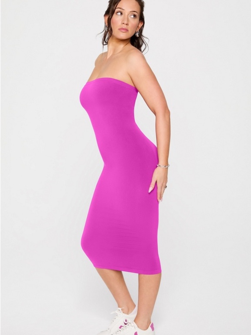 YITTY Fabletics Convertible Sculpting Shapewear Midi Dress in Viva Magenta